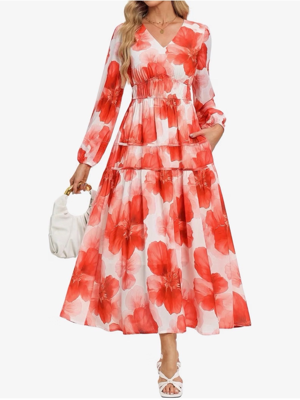 Floral V-Neck Long Sleeve Maxi Dress in Red and White with pockets